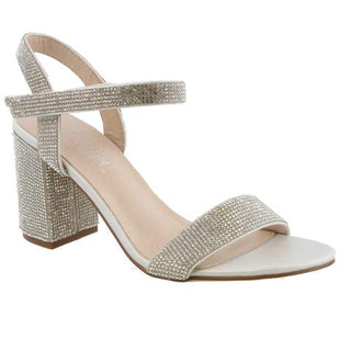 De Blossom Silver Rhinestone Low Block Velcro Strap Heel