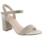 De Blossom Silver Rhinestone Low Block Velcro Strap Heel