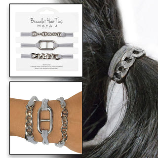 Maya J Bracelet Hair Ties - Silver Link/Grey Cord