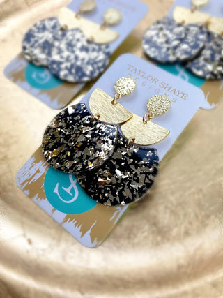 Black/Gold Acrylic Oval/Gold Half Moon Drop Earrings