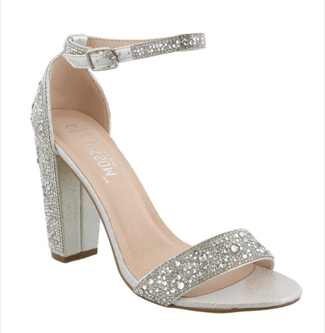 De Blossom Silver Shimmer/Rhinestone Ankle Strap Heel