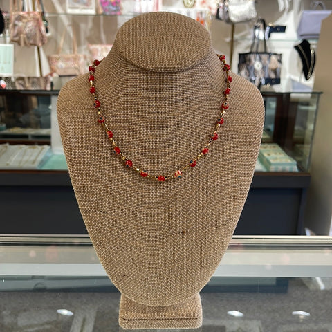 Red Acrylic Ball & Metal Bead Necklace