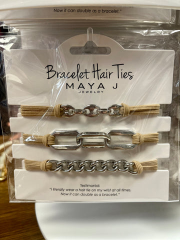 Maya J Bracelet Hair Ties - Silver Chain Link with Beige Cord