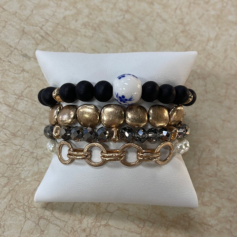 Black/Pearl/Gold Chinoiseries Statement Bracelet Set