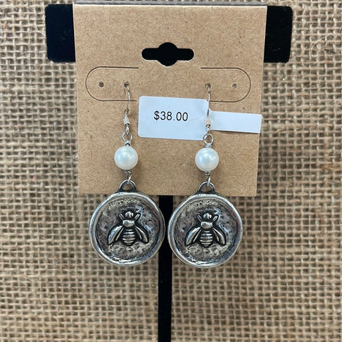 Maryna Jewelry Silver Bee/Pearl Coin Earrings