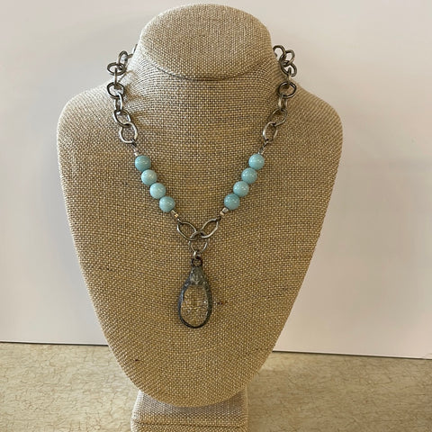 Maryna Jewelry Silver Chain/Aqua Beaded Pendant Necklace